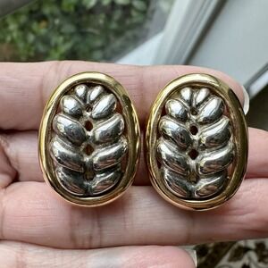 VTG Givenchy Paris NY Earrings 1" Wheat Oval Silver‎ Gold Plated Classic Rare